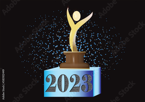 The gold trophy 2023 new icon isolated on black background. Golden award icon. Film and cinema symbol prize concept. Vector Illustration vector on black background. New year 2023.