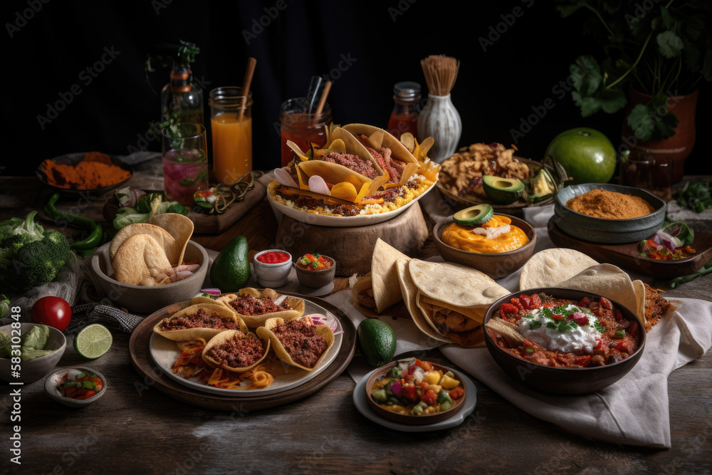Mexican tacos with meat, vegetables and spices created with AI