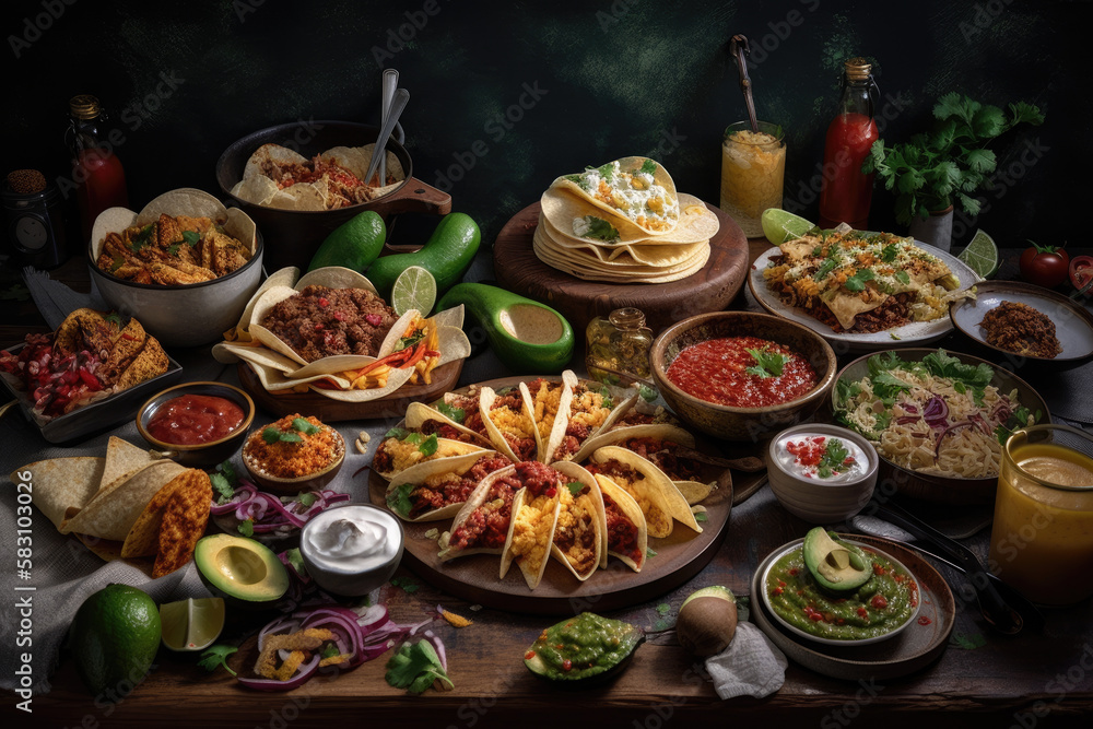 Mexican tacos with meat, vegetables and spices created with AI Mexican tacos with meat, vegetables and spices created with AI
