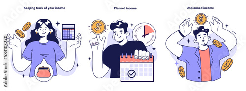 Family budgeting set. Personal currency balance management, keeping