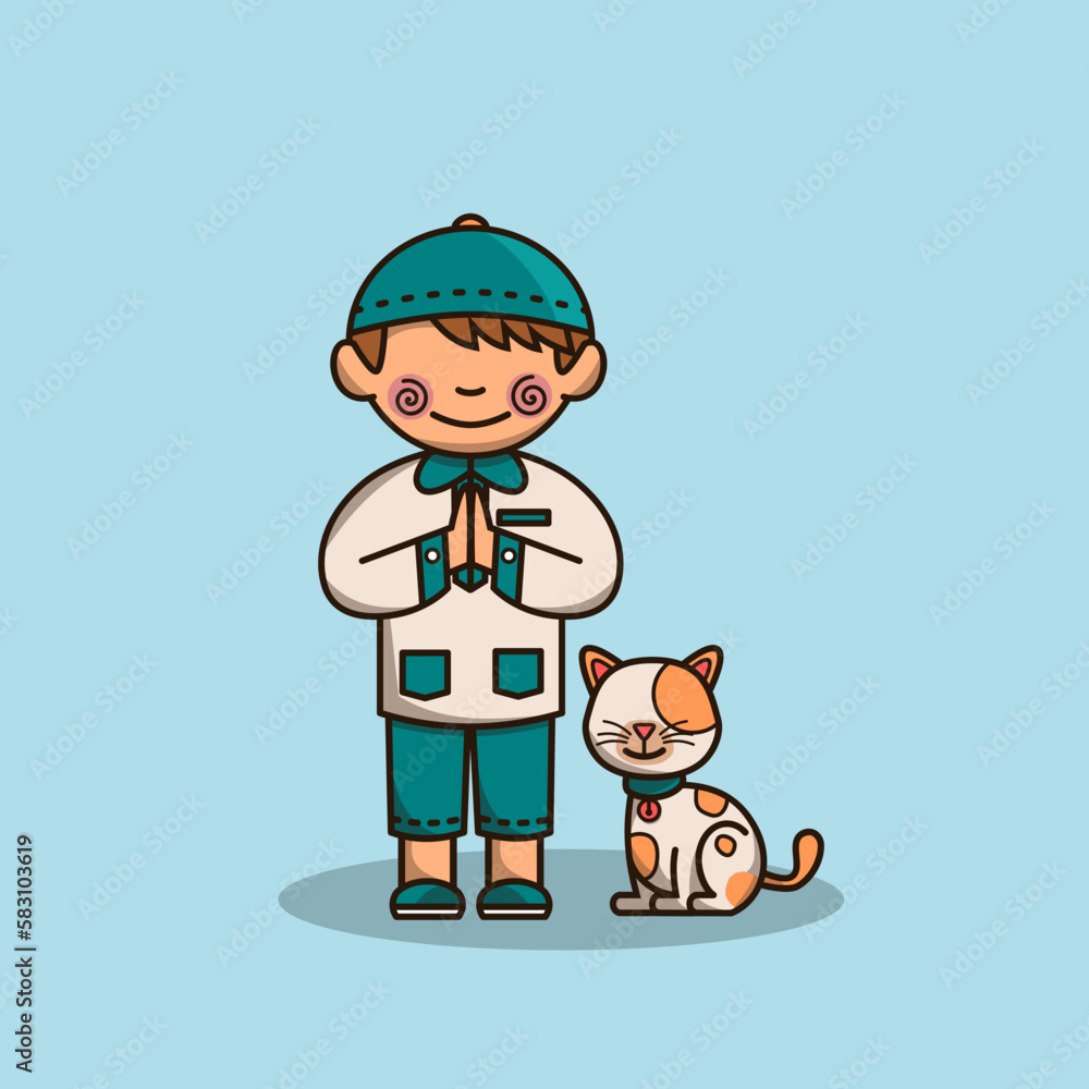 Cute smiling muslim boy celebrating eid mubarak with a cat vector illustration. Cute smiling muslim boy celebrating eid mubarak with a cat vector illustration.