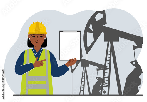 A female refinery engineer worker uses a tableted oil pumping unit. Energy industrial zone, oil drilling.