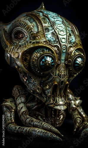 Realitic photo, cinematic, Front face portrait Beautiful Chimerical alien with big eyes, insanely detailed and intricate, robotic Alien octopus :: Alien fish :: Cernunnos, AI Generative