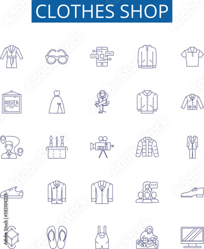 Clothes shop line icons signs set. Design collection of Clothing, Shop, Apparel, Garments, Outfit, Attire, Fashion, Store outline concept vector illustrations