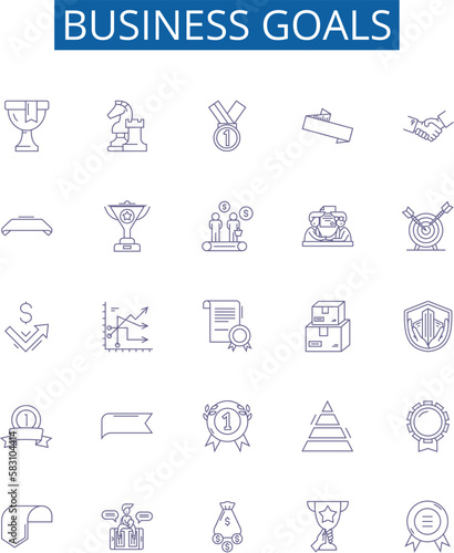 Business goals line icons signs set. Design collection of Ambition, Profit, Expansion, Productivity, Clientele, Quality, Innovation, Efficiency outline concept vector illustrations