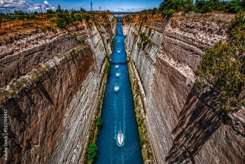 Sailing boats passing through Corinth canal in Greece
