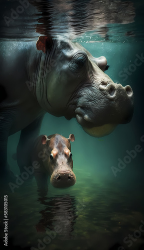 Hippopotamus and Baby Hippopotamus. Generative AI
