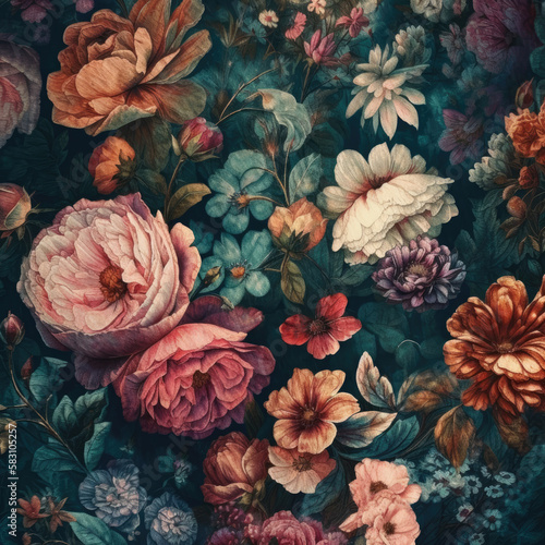 Floral Pattern Dark and Vibrant-Flowers and Petals Background-Generative AI