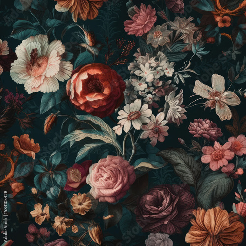 Floral Pattern Dark and Vibrant-Flowers and Petals Background-Generative AI