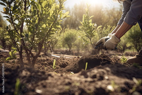 Generative AI Illustration of a farmer planting a fruit tree sprout in the ground.