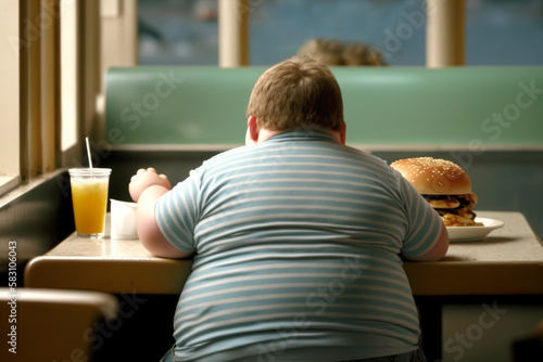 Back view of unrecognized plus size boy sitting at table with delicious huge burger, soda and French fries served in fast food restaurant, generative ai illustration.