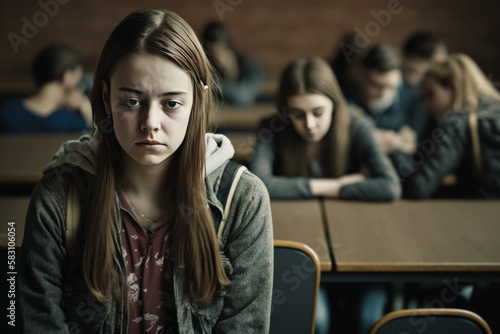 Sad and exhausted teenage girl in casual clothes looking down while sitting in class with copy space right, concept of bullying, bad time at school... Generative ai image.