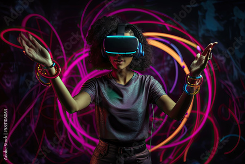 Generative Illustration AI of a woman. black woman with virtual reality or VR glasses in a futuristic looking environment with colored lights projecting behind her