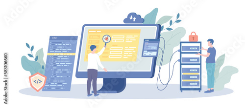 Development of Software and Programming Concept. Web developers creating program code on computer monitor screen. Vector illustration with character situation for web.