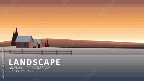 landscape background barn house sunset at winter minimal landscape vector illustration background	wallpaper banner  billboard