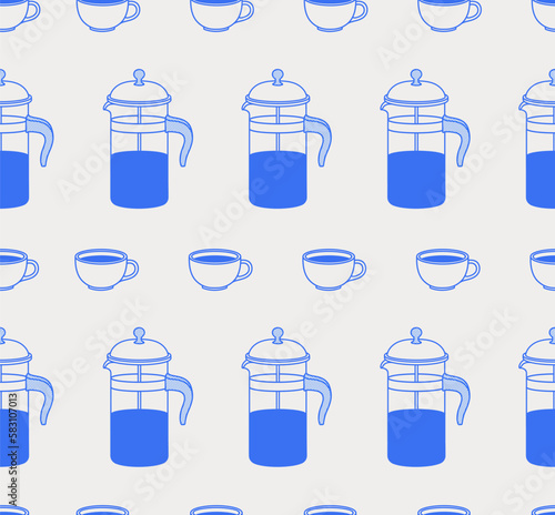 Seamless pattern of french press and cup. Line art, retro. Vector illustration for coffee shops, cafes, and restaurants.
