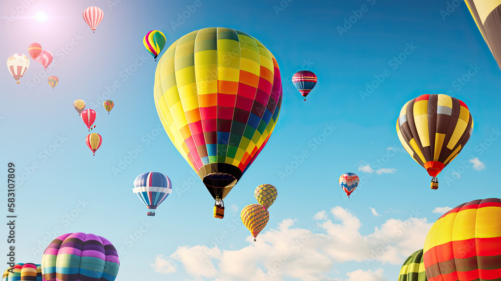 Fototapeta premium Illustration of hot air balloon festival banner. Generative AI