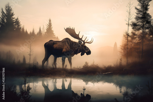 moose-in-a-foggy-sunset-scenery-generative-ai