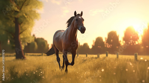 horse run park beautiful sunset background, Generated AI