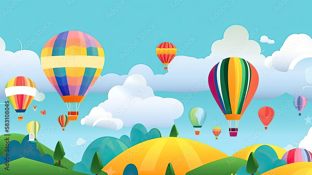 Fototapeta premium Illustration of hot air balloon festival banner. Generative AI