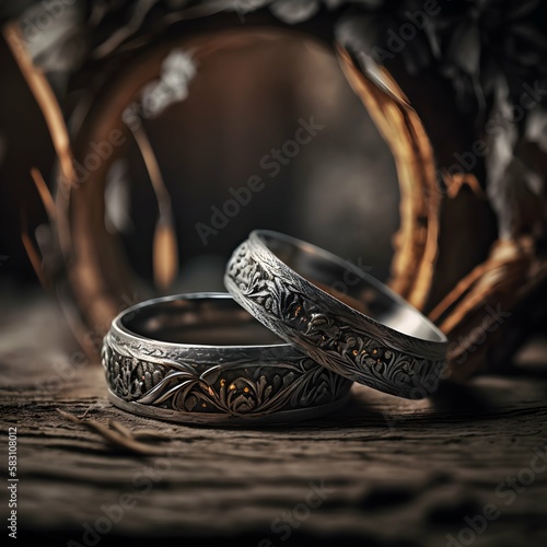 Wedding rings on a wooden background. Selective focus.