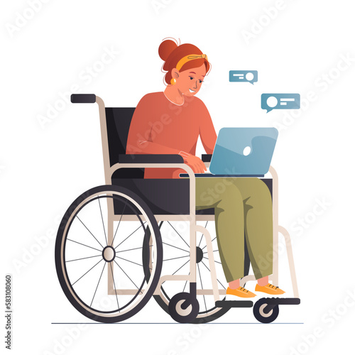 Wheelchair woman working at laptop and chatting online. Employment or social adaptation, inclusion people with disability concept. Equal opportunities. Character with disabilities. Vector illustration