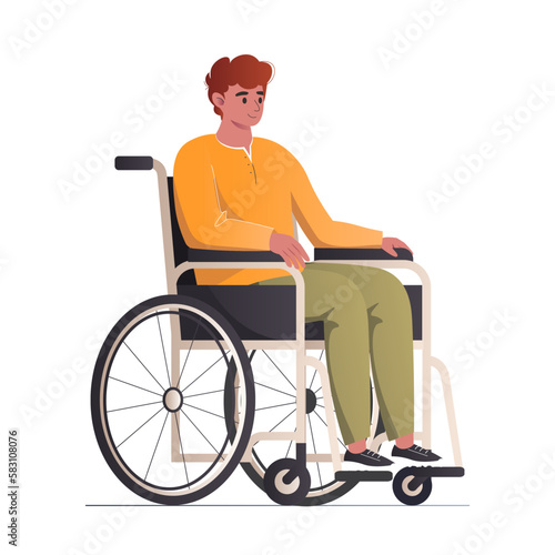 Smiling man sitting in wheelchair vector illustration. Disabled joyful modern male character. Cute happy girl with physical disability or impairment isolated on white background