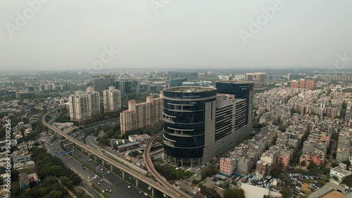 Aerial Drone Footage of Buildings Exteriors at Dlf Cyberhub Cybercity Gurgaon Gurugram Delhi India rapid metro station