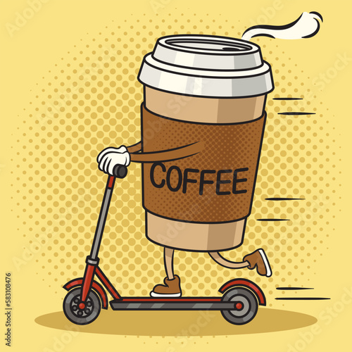 cup of coffee rides electric scooter pinup pop art retro vector illustration. Comic book style imitation.
