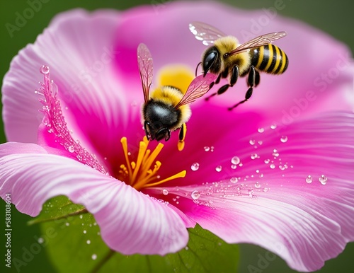 bee on pink flower created with Generative AI technology © Edi