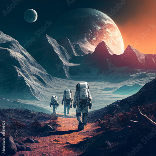 Astronauts trekking on an alien planet