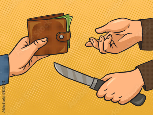 robbery with a knife pinup pop art retro vector illustration. Comic book style imitation.