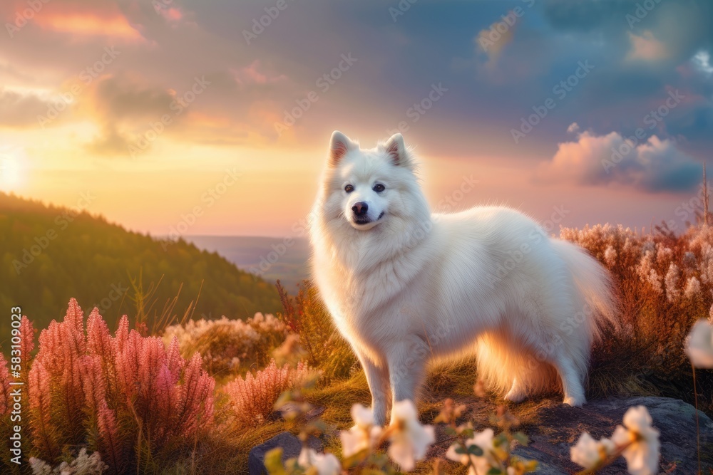 Cute White American Eskimo Dog Standing on a Hill at Sunset Cute White American Eskimo Dog Standing on a Hill at Sunset