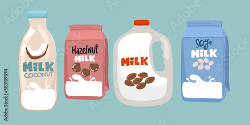 Set of different vegetable milk - almond, rice, coconut, soybeans. Vegan, vegetarian product for cooking food and drink