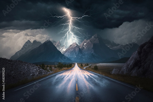 Heavy raining and thunderstorm on a road to the mountains. Generative AI.  © belyaaa