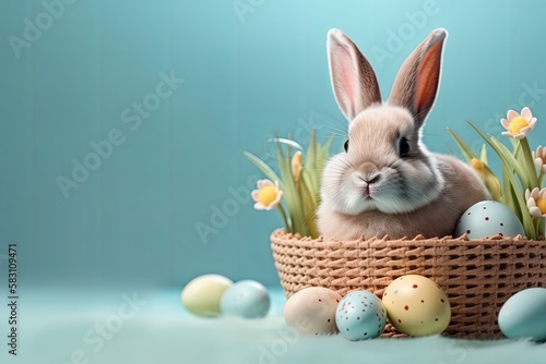 Happy Easter bunny with many pastel color Easter eggs. Generative AI.