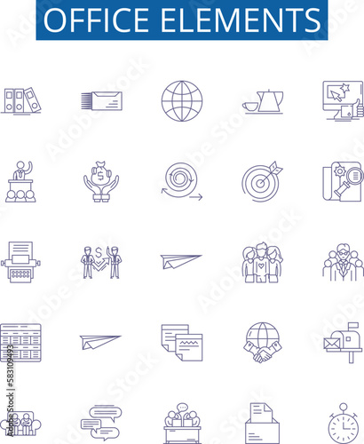 Office elements line icons signs set. Design collection of Desk, Chair, Pen, Printer, Monitor, Keyboard, Computer, File outline concept vector illustrations