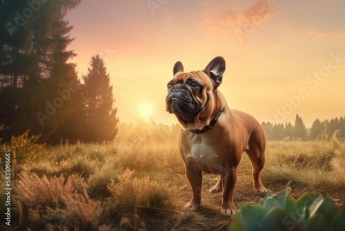 Cute French Bulldog Dog Standing on a Meadow Near the Forest at Sunset