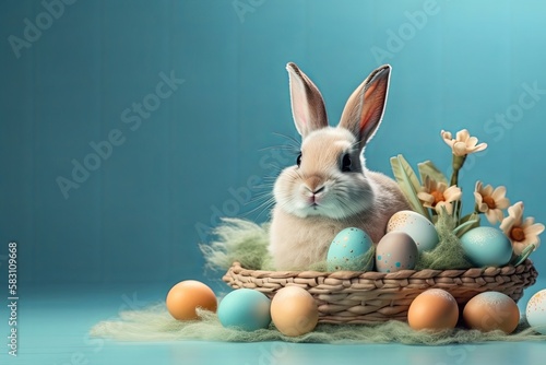 Happy Easter bunny with many pastel color Easter eggs. Generative AI. © EZPS