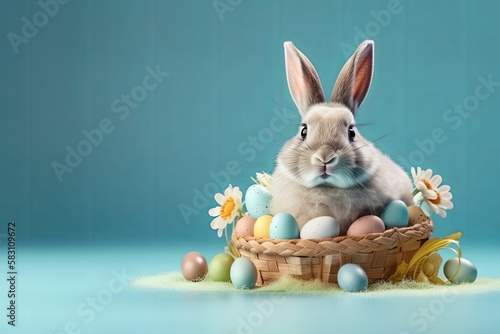 Happy Easter bunny with many pastel color Easter eggs. Generative AI. © EZPS