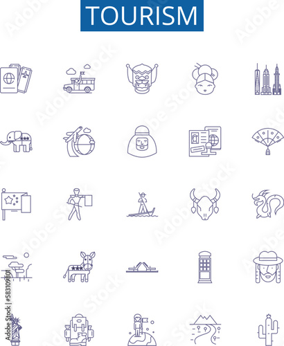 Tourism line icons signs set. Design collection of Travel, Sightseeing, Holiday, Vacation, Adventure, Hotels, Exploring, Trips outline concept vector illustrations