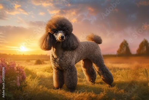 Black Poodle Dog Standing in Pasture at Sunset
