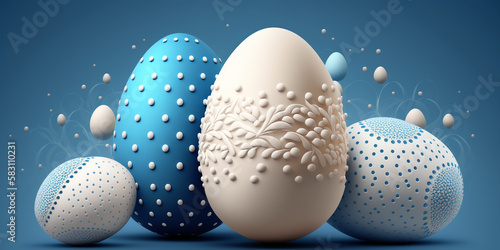 Classic White and Blue Easter Background with Easter Eggs     Professional