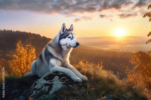 Siberian Husky Dog Lying on Stone in Beautiful Nature at Sunset