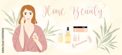 Vector horizontal banner of a girl in a bathrobe doing facial massage with a gouache scraper and cosmetics. Illustration concept of cosmetology, beauty, home care, beauty treatments at home. 