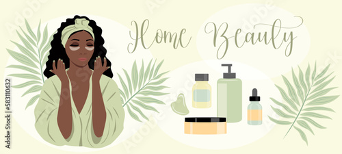 Vector horizontal banner of a  dark-skinned girl in a bathrobe with an eye patch and cosmetics. Illustration concept of cosmetology, beauty, home care, beauty treatments at home. 