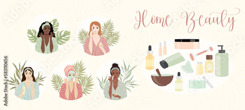 Vector horizontal banner with a set of images of girls doing cometological procedures and cosmetics. Illustration concept of cosmetology, beauty, home care, beauty treatments at home. 