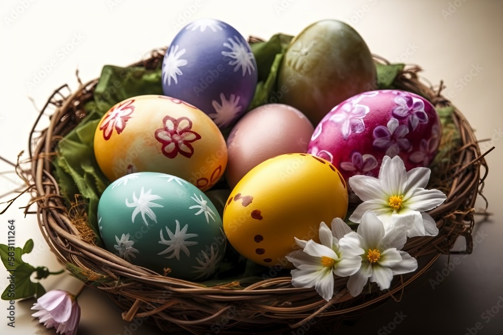 Happy Easter basket and many pastel color Easter eggs. Generative AI.
Happy Easter basket and many pastel color Easter eggs. Generative AI.