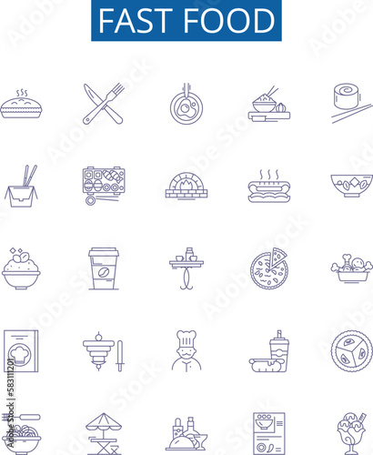 Fast food line icons signs set. Design collection of Burger, Taco, Fries, Pizza, Kebab, Sandwich, Hotdog, Takeaway outline concept vector illustrations