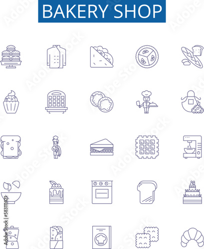 Bakery shop line icons signs set. Design collection of Bakery, Shop, Bread, Cake, Pastry, Muffin, Donut, Loaf outline concept vector illustrations